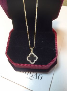 14k项链黑色四叶草镶嵌水钻超细