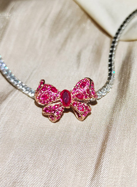 925纯银电镀18K金玫瑰金蝴蝶结多用吊坠百搭扣培育刚玉堪比红宝石