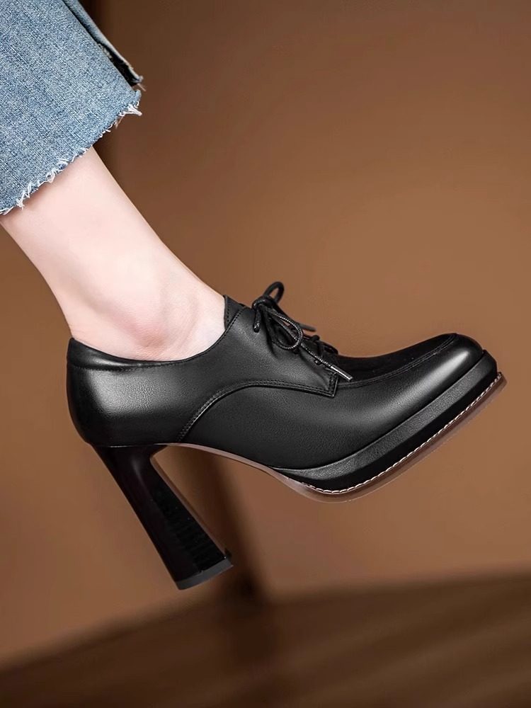 时尚真皮防水台高跟鞋女2025春季新款舒适百搭粗跟系带深口单鞋女,淘宝优惠券,粉丝福利购,淘宝优惠卷