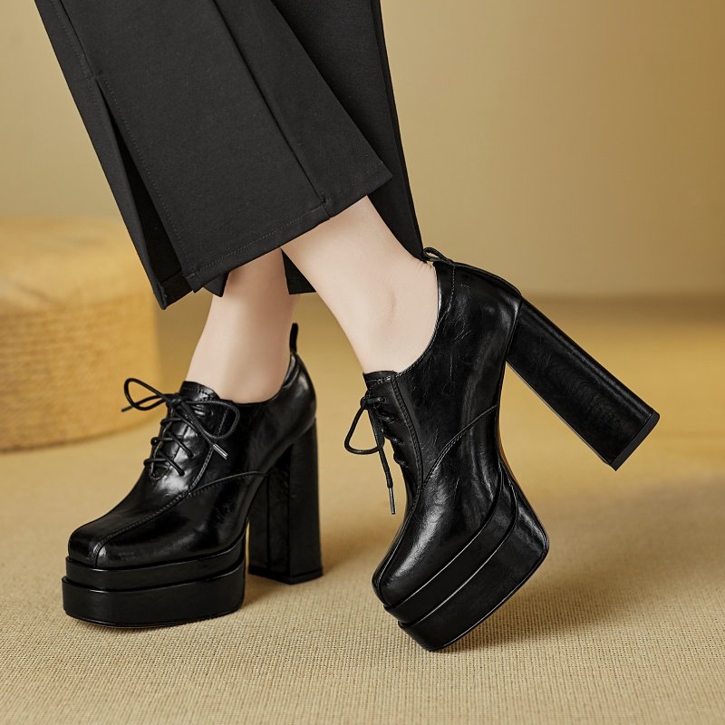 防水台深口超高跟鞋女秋季圆头粗跟小个子厚底不累脚系带单鞋黑色,淘宝优惠券,粉丝福利购,淘宝优惠卷