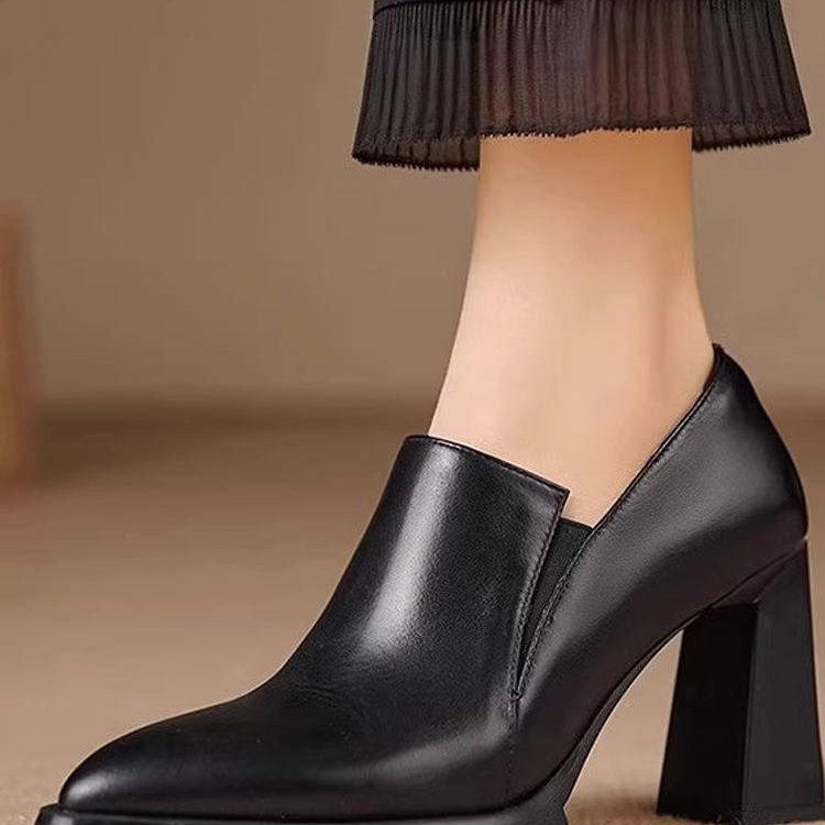 尖头深口高跟鞋女2025年春秋季新款防水台真皮粗跟单鞋软皮小皮鞋,淘宝优惠券,粉丝福利购,淘宝优惠卷