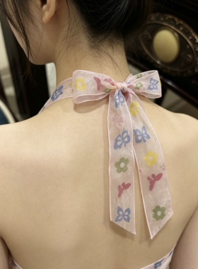 中古乔其纱雪纺云深雾浅唐风印花汉服蝴蝶结古风飘带配饰肩带挂脖
