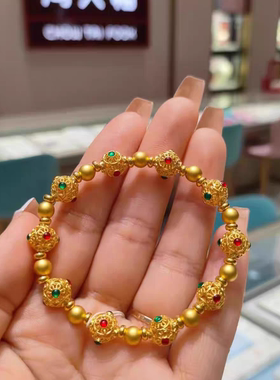 周大福新款国潮古法鎏彩手链足金花丝珠珐琅手串送朋友送家人礼物