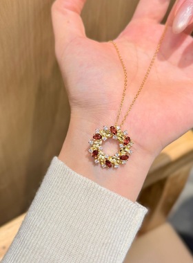 25新款天然石榴石满钻圣诞花环吊坠925银项链女轻奢氛围感锁骨链