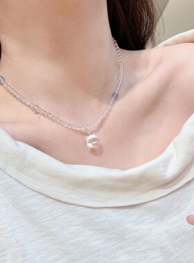 s925纯银天然白水晶小熊吊坠串珠项链女可爱风ins小众百搭锁骨链
