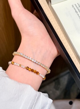 s925纯银天然淡水珍珠手串虎眼石金太阳手链女小众设计美拉德手饰