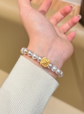 2026新款施家珍珠沙金几何太阳花隔片手串女简约轻奢小众高级手串