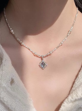 26新款天然海蓝宝通体s925纯银碎银珍珠项链女轻奢小众高级锁骨链