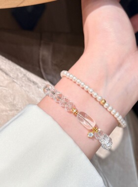 s925纯银切面天然白水晶金色闪钻手链女甜美风百搭个性氛围感手饰