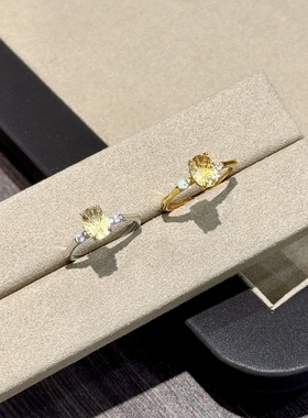 s925纯银天然黄水晶烟花切戒指女小众设计可调节