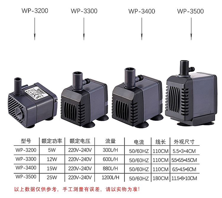 迷你潜水泵小鱼缸WP-3200 3300 3400 3500假山盆景抽水过滤循环泵 - 图3