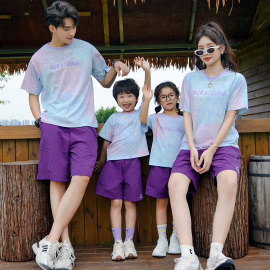 亲子装夏装2025新款扎染短袖t恤潮一家三口家庭套装四口速干裤夏