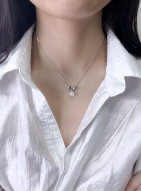 施家珍珠暖白正圆蝴蝶结单珠项链S925纯银项链叠戴时尚百搭简约