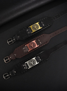 Temu热卖跨境饰品北欧复古维京图腾皮手链奥丁标记男士皮手链