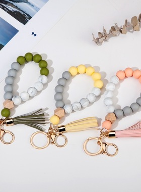 跨境现货食品级硅胶珠手串钥匙扣 百搭时尚榉木珠手环硅胶珠手镯