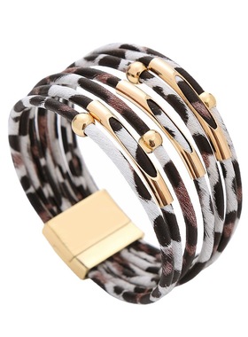 跨境饰品 欧美小豹纹多层磁铁扣女款手链独立包装串珠不对称手环