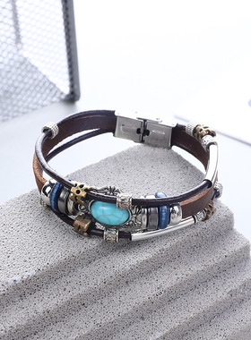 亚马逊TEMU欧美复古皮革手镯 男士绿松石皮革手链精致皮手链