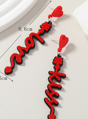 欧美跨境新款时尚喜庆红色亚克力桃心字母恋爱告白情侣耳饰潮女