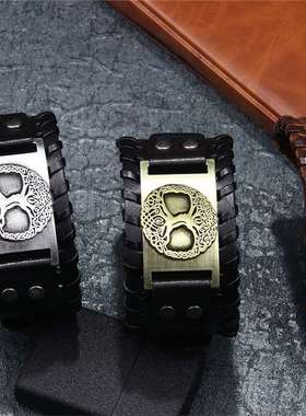 宽皮手链男士皮革饰品欧美嘻哈流行Temu热卖跨境生命树合金