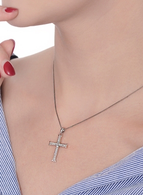 保真纯银十字架吊坠男女情侣小号镶嵌欧美S925银饰镀白金项链刻字