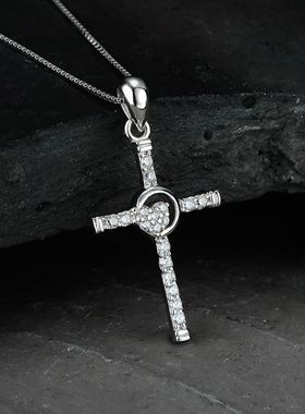 纯银满钻超闪爱心形十字架吊坠