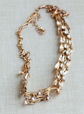 金色复古亮面镂空树叶耳环女设计个性法式气质高级感镶嵌亮钻颈链