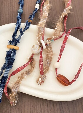 波西米亚牛仔布复古新中式项链女长款设计感小众毛衣链轻奢高级感