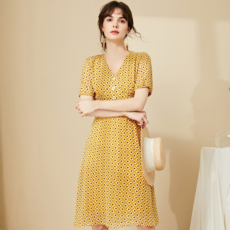 名人瑞裳2020新款夏气质v领连衣裙 名人瑞裳连衣裙