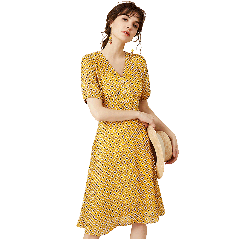 名人瑞裳2020新款夏气质v领连衣裙 名人瑞裳连衣裙