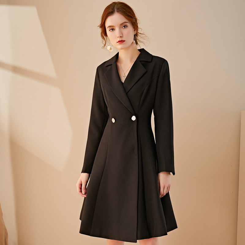 名人瑞裳中长款2020年春季黑色风衣 名人瑞裳风衣