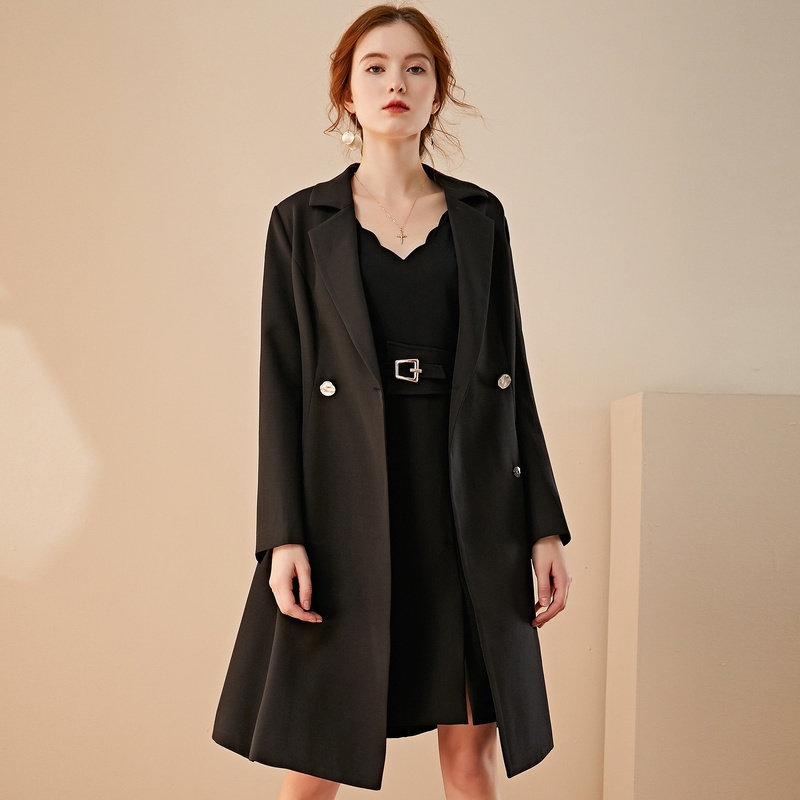 名人瑞裳中长款2020年春季黑色风衣 名人瑞裳风衣