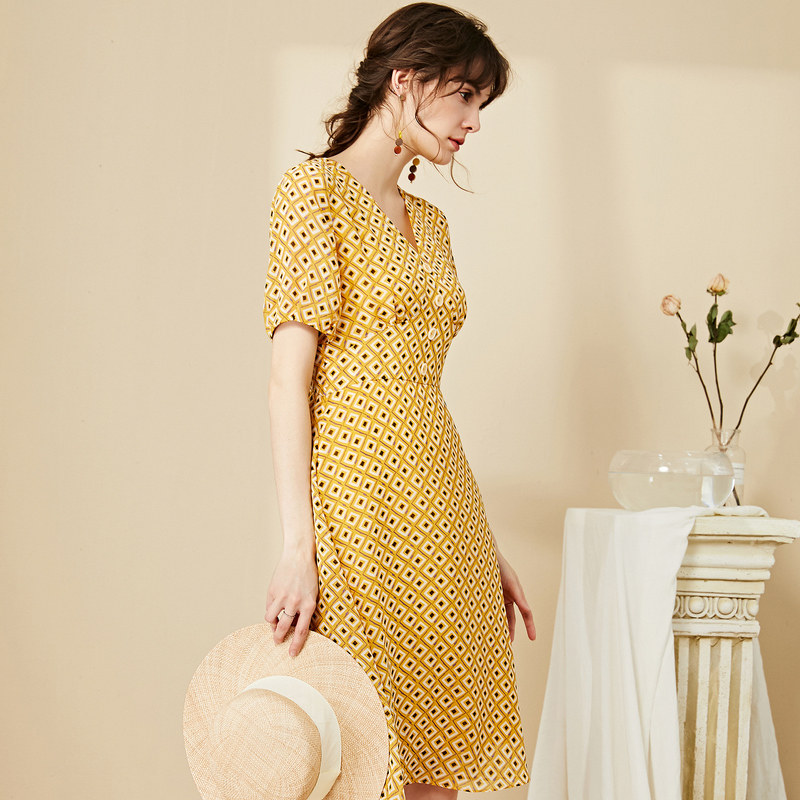 名人瑞裳2020新款夏气质v领连衣裙 名人瑞裳连衣裙