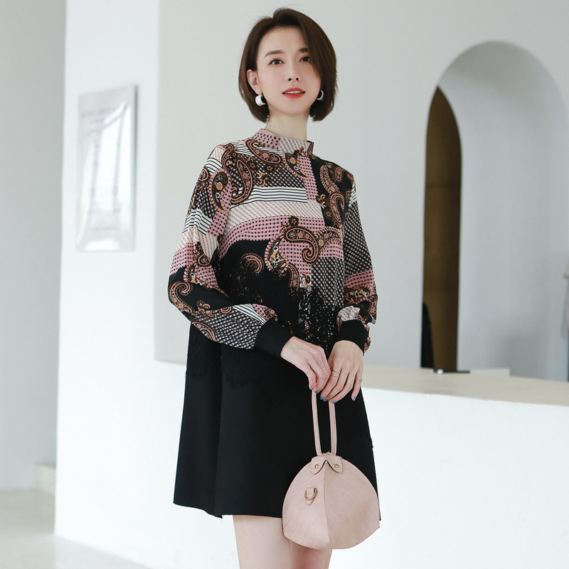 名人瑞裳2019春季雪纺拼接圆领宽松 名人瑞裳连衣裙