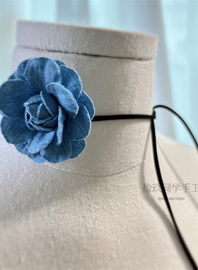 夏季甜酷绑带牛仔山茶花皮choker
