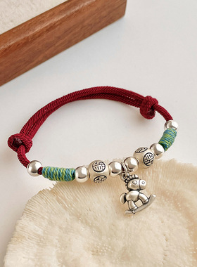 s925纯银2026本命年红绳手链新款马上有钱花红色手工编织红绳手绳