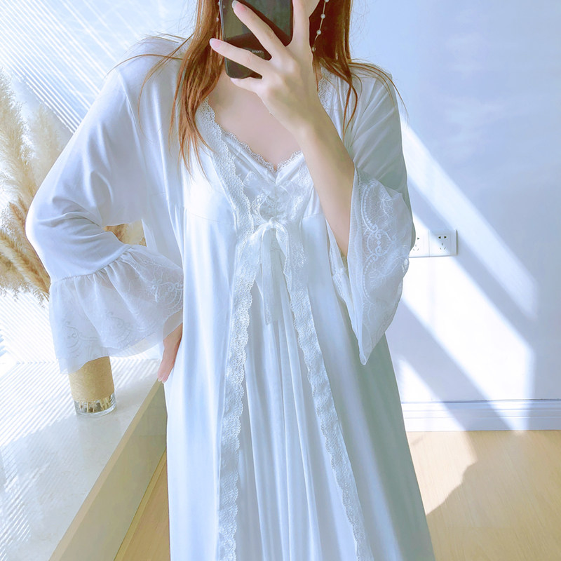 宫廷公主风睡裙女春秋吊带睡袍套装蕾丝网纱法式冰丝女睡衣带胸垫