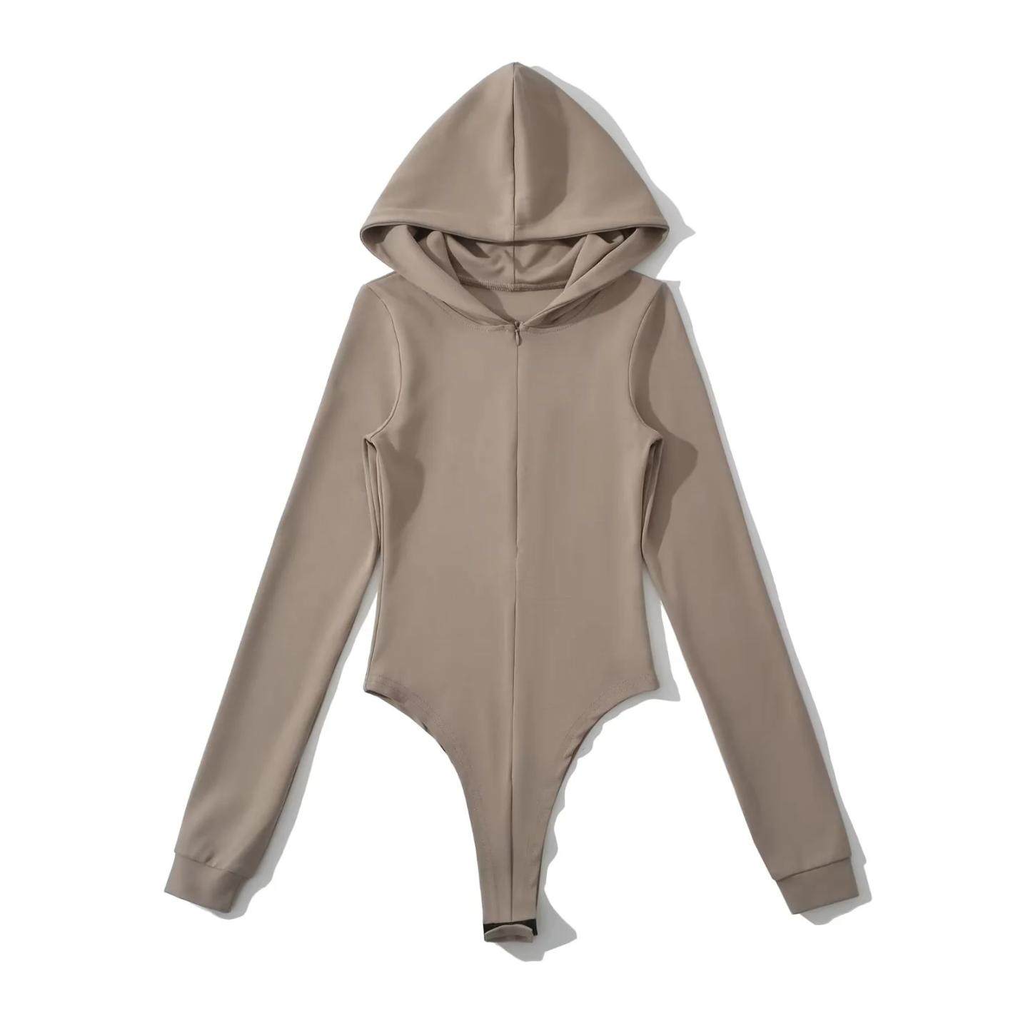 欧美风ins博主连帽长袖修身弹力女T恤连裆上衣隐形拉链连体打底衫,淘宝优惠券,粉丝福利购,淘宝优惠卷