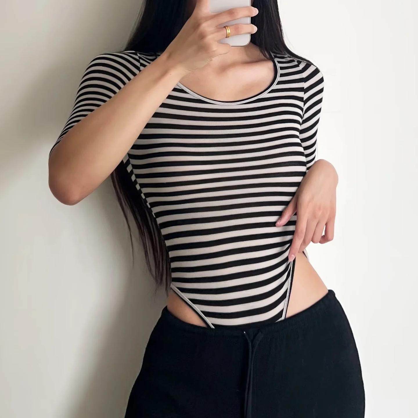 欧美风性感大圆领条纹中袖上衣连体打底衫女秋内搭显瘦五分袖T恤,淘宝优惠券,粉丝福利购,淘宝优惠卷