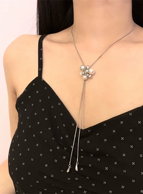 气质女白色珍珠立体花朵流苏长项链choker抽拉调节