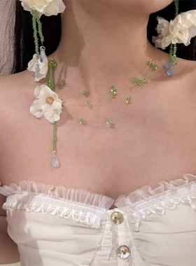 夏季白色花朵串珠流苏项链耳钉夸张耳环海边拍照耳饰品