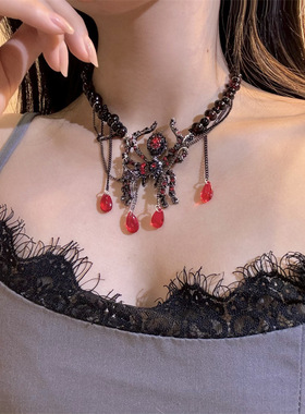 合金锁骨链女性暗红色蜘蛛项链