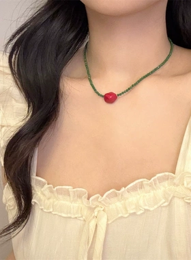 韩国法式复古小众设计感绿色撞色网红时尚锁骨链短链