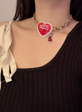 甜酷ins风红色爱心项链可爱淘气字母豹纹颈链