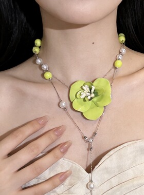 绿色牛油果花朵串珠项链多层叠戴锁骨链choker