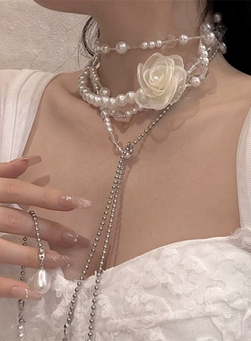 花朵珍珠流苏项链choker女轻奢小众设计颈链配饰2025新款潮
