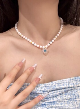 韩国新款饰品项链彩色串珠花朵吊坠项链女百搭锁骨链