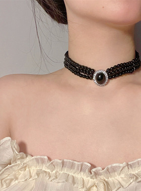 串珠圆珠链女性黑色多层宫廷项链