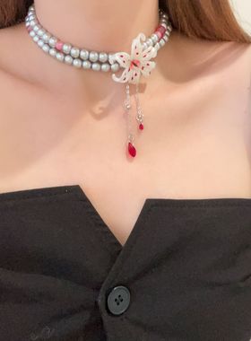 法式复古珠光鸢尾银珍珠红色水滴流苏项链choker小众设计气质双层