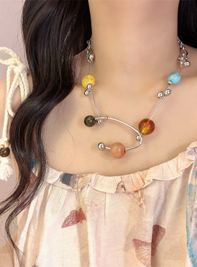 彩色交响乐串珠项链女小众个性夸张圆珠锁骨链撞色颈链配饰