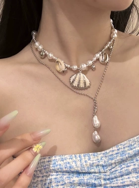 海洋系列新款沙滩贝海螺仿珍珠吊坠双层叠戴项链气质时尚个性颈链